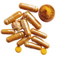 Turmeric powder and capsules displayed on a transparent background for health and wellness promotion, Turmeric and turmeric capsules on transparent background png