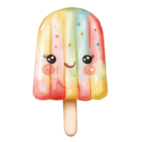 Kawaii watercolor cartoon character popsicle with a cheerful expression on a transparent background, kawaii cartoon character popsicle on transparent background. popsicle transparent background png
