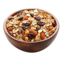 Nutritious muesli mix in a wooden bowl on a transparent background perfect for breakfast or snacking, muesli in bowl isolated on transparent background png