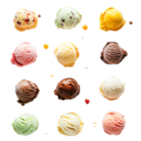 Delicious assortment of colorful ice cream scoops arranged on a clean transparent background, Multiple delicious ice cream on transparent background png
