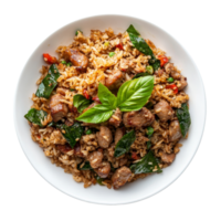 Delicious basil fried rice with pork served in a transparent bowl against a clean backdrop, Basil fried rice with pork Thai food on transparent background png