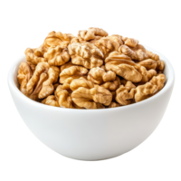 Fresh walnuts in a transparent bowl on a clean transparent surface for healthy snacking and cooking, Walnuts in transparent bowl isolated on transparent background png