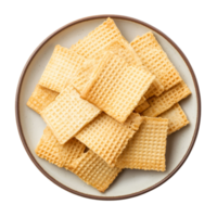 Freshly baked wafers arranged neatly on a round plate set against a bright transparent background, Wafers in a plate isolated on transparent background png