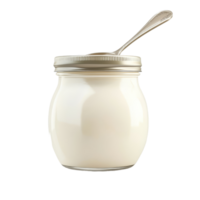 A jar of yogurt with a spoon sits elegantly against a clean transparent background ready for breakfast or a snack, Glass jar yogurt with spoon isolated on transparent background png