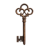 Vintage key resting on a soft transparent background highlighting its intricate design and aged metal texture, Vintage old key on a transparent background png
