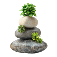 Modern decorative stones with vibrant plants arranged in a minimalist style on a transparent background, Modern Decorative Stones with Plants Isolated on transparent background png