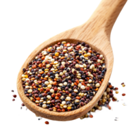 A wooden spoon filled with a variety of raw quinoa grains isolated on a clean surface, Pile of mixed raw quinoa, grain in wood spoon isolated on transparent background png