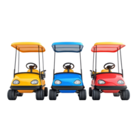 Colorful golf carts lined up for a fun day on the course with bright colors and playful design, Golf Carts on transparent background png