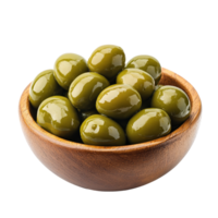 Fresh green olives arranged in a wood bowl against a clean transparent background for a natural look, green olives in wood bowl on transparent background png