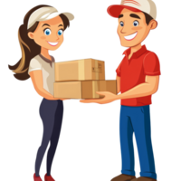 Courier delivers boxes to a cheerful customer in a friendly exchange on a busy day, file no background Courier delivering boxes to a customer png