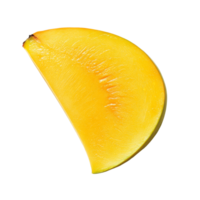 A fresh slice of ripe mango on a clean transparent background showcasing its vibrant yelloworange color, slice of mango on transparent background png