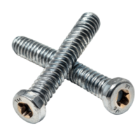 Three metal screws lying on a transparent background, showcasing detailed threading and design for mechanical applications, three screws isolated on a transparent background png
