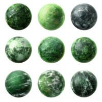 Explore a collection of green fantasy planets showcasing unique celestial designs and textures, Set Green Planets, Fantasy Celestial Bodies with Unique Textures, Isolated on transparent background png