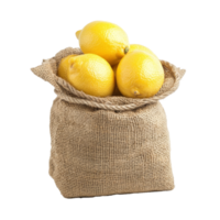 Fresh lemons in a jute bag on a transparent background for culinary and decorative purposes, lemons in jute bag isolated on transparent background png