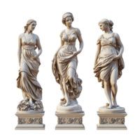 Three elegant woman sculptures in classical attire displayed on ornate pedestals, showcasing artistry and craftsmanship, Collcetion of three Woman Sculpture 3d isolate rendering on transparent png