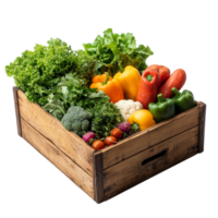 Freshly harvested vegetables arranged in a rustic wooden box on a transparent background, wooden box of vegetablesisolated on transparent background png