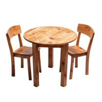 A round wooden table with two chairs set against a clean transparent background for a minimalist decor style, Wood table and chair on transparent background. wooden table with chair transparent png