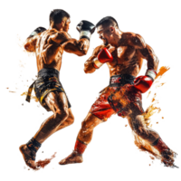 Dynamic Muay Thai fighters engage in a fierce match showcasing skill and strength against a clean transparent backdrop, Muay Thai Fighters in Action on transparent background png