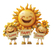 Happy sun characters celebrating summer with cheerful signs in a bright, sunny atmosphere, Smiling Sun Characters Holding Happy Summer Signs on transparent background png
