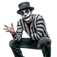 A male mime artist dressed in black and transparent attire performs an expressive pose against a plain transparent background, Male Mime Artist Isolated on transparent background png