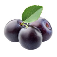 Fresh purple prunes with green leaf isolated on a transparent background showcasing their natural beauty and appeal, Fresh Prune isolated on transparent background png