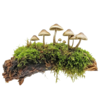 Mosscovered rotten branch hosts a cluster of mushrooms in a serene natural setting, Green moss on rotten branch with mushroom template, isolated transparent background png