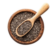 Chia seeds in a wooden bowl with a scoop on a clean surface, emphasizing the texture and color contrast against a light backdrop, Chia seeds isolated png