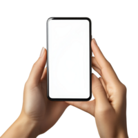Hands holding a smartphone display with an empty screen in a bright setting while browsing or texting, Hand using mobile phone display, smartphone screen mockup, cellphone isolated on transparent png