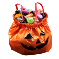 A festive Halloween bag filled with an assortment of colorful candies and sweets for trickortreaters, halloween bag of candies and sweets, file of isolated object with shadow on transparent background png