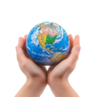 A person holds an earth globe in palms, symbolizing care for the world against a transparent background, earth globe on palm hands isolated on transparent background png