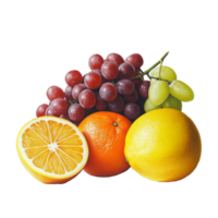 Fresh assortment of red and green grapes, oranges, and lemons against a bright, simple background, Red and green grapes, orange, lemon on transparent background png