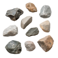 A collection of diverse rocks on a transparent background showcasing unique shapes and textures in natural geology, Multiple rocks on transparent background png