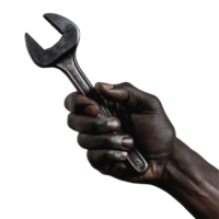 A skilled hand gripping a wrench against a transparent transparent background in a workshop setting, African Black Hand Holding a Wrench on Transparent Background png