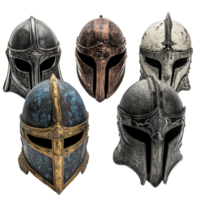 Medieval knight helmets displayed on a transparent background showcasing various designs and finishes from different eras, Medieval Knight Helmets on transparent background png