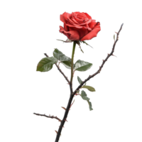 A single vibrant red rose with green leaves on a thorny branch against a transparent background, Rose flower with tree branch transparent background. Rose flower transparent background png