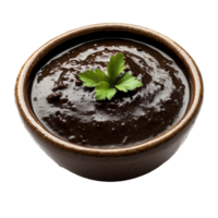 Mole poblano sauce in a rustic bowl with fresh cilantro garnish on a transparent background, mole poblano sauce on bowl isolated on transparent background png