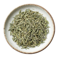 Dried rosemary leaves displayed in a decorative plate on a transparent surface for culinary use and presentation, Dried rosemary leaves in a plate isolated on transparent background png