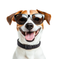 A cheerful dog wearing stylish sunglasses against a clean transparent background enjoys a sunny day with a bright smile, Happy dog wearing sunglasses transparent background png