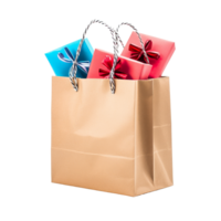 Colorful gift boxes bursting from a paper bag on a clean transparent background, Gift boxes pop out from paper bag isolated on transparent background png