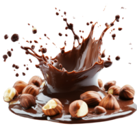 Hazelnuts create a dynamic splash in rich, melted chocolate, showcasing indulgent textures and flavors, hazelnuts splashing into liquid chocolate isolated on transparent background png