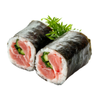 Fresh sushi rolls with tender meat and cucumber wrapped in seaweed isolated on a transparent background, slice of meat served in a halved roll isolated on transparent background png