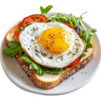 Breakfast toast topped with fresh salad and a fried egg served on a sunny morning, breakfast toast with salad and fried egg png