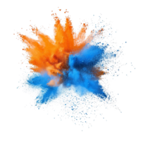 Vivid explosion of orange and blue color powder creates a dynamic visual effect in isolated space, orange and blue color powder pulver explosion isolated on transparent background png