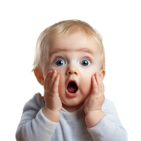 surpreso feliz bebê com fofa expressão mostrando deleite e maravilha contra uma limpar \ limpo transparente fundo, surpreso feliz fofa bebê, Arquivo do isolado objeto em transparente fundo png
