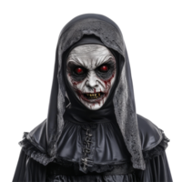 Sinister figure of a terrifying evil nun with a haunting expression, isolated against a transparent background, Terrifying Bloody Evil Nun Sinister Figure Isolated on transparent background Halloween png