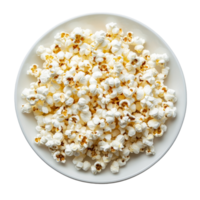 Freshly popped popcorn served on a transparent plate against a clean transparent background ready for snacking, Popcorn in a plate isolated on transparent background png