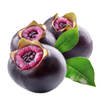 Fresh mangosteen fruit from Thailand with vibrant purple rind and green leaves isolated on transparent background, Mangosteen fruit of thailand with leaf isolated on transparent background png