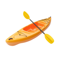 An orange plastic kayak with a yellow paddle rests on a flat surface, ready for an exciting water adventure, Orange plastic kayak with yellow paddle. 3D render, isolated on transparent background png