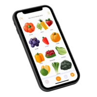 Grocery shopping app interface displaying various vegetables and fruits on a smartphone screen, file no background Online grocery shopping app on smartphone png