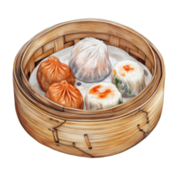 Explore the delightful variety of dim sum served in a bamboo basket against a clean transparent backdrop, dim sum basket on transparent backgroundfile png